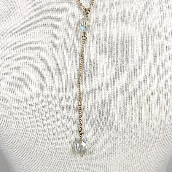 Iridescent Crystal Bead Lariat Y-Necklace on Gold Tone Chain - Picture 4 of 6
